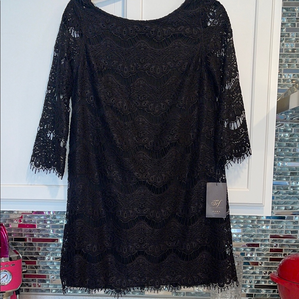Zara Black Midi Dress with Bateau Neckline and Bell Sleeves